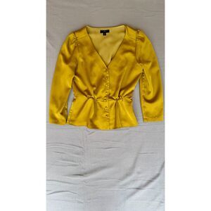 J.Crew Chartreuse Gold Satin Peplum Blouse 4P Puff Sleeve Covered Buttons Classy